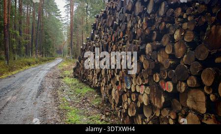 Large pile of cut tree trunks along a muddy forest path in the pine forest (pinus), hiking along the former inner-German border at the green belt near Stock Photo