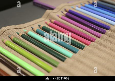 A set of colorful pencils arranged in a fabric case, Messe Frankfurt/M Stock Photo