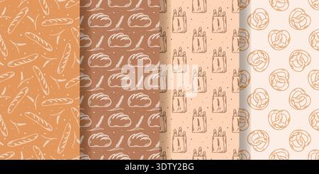 Set of seamless patterns on theme of bread and baking. Backgrounds with linear illustrations of loaves, baguettes, buns, pretzels, bread. Collection Stock Vector
