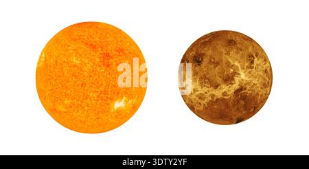 Sun and Venus planet comparison isolated on white background. Stock Photo
