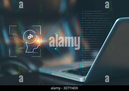 Artificial intelligence processing big data on laptop. Concept of machine learning, neural networks, and digital information flow in modern technology Stock Photo