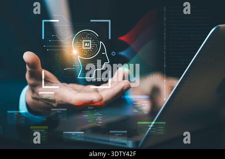 AI head icon with various programming language labels. Concept of software development, coding, artificial intelligence engineering, and tech educatio Stock Photo