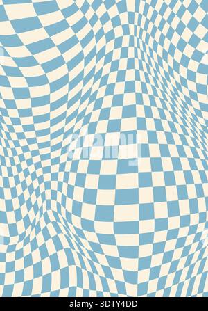 Funky psychedelic blue checkered line groovy pattern or texture. Psychedelic groovy background, wavy line Y2K vector print. Distorted spiral hippie pattern or trippy funky backdrop Stock Vector