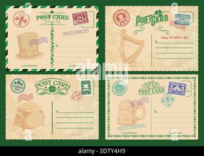 St Patrick day antique postcards, retro postage mail and vintage mail and stamps. Vector Irish holiday blank background templates with shamrock clover leaves, ornaments, place for address and text Stock Vector