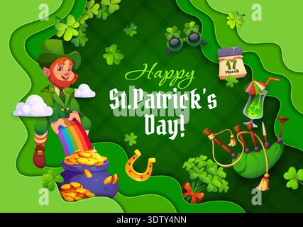Happy St Patrick's day paper cut greeting card. Ireland Saint Patrick holiday, Irish folk celebration papercut vector banner with leprechaun character, shamrocks, bagpipe and pot with coins, horseshoe Stock Vector