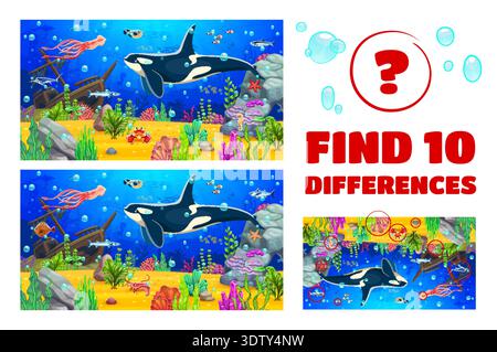 Find ten differences on underwater landscape, kids game worksheet. Spotting kids game, matching details puzzle. Difference search quiz with killer whale, squid, puffer fish, sunken ship and seaweeds Stock Vector