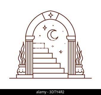 Mystic boho arch, magic bohemian portal door. Boho zodiac vector element, mystic magic tarot card arch frame. Celestial elegant portal doorway shape with moon crescent and stars, stairs, flowerpots Stock Vector