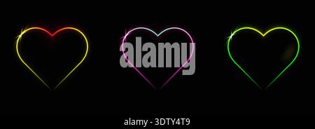 Set of two-color frames in the shape of hearts. Neon glow effect: yellow, green, pink, red, blue and purple. Stock Vector