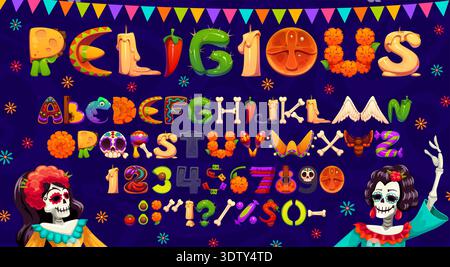 Mexican Day of the Dead font, Dia de los Muertos typeface letters of cartoon Mexico death holiday symbols. Day of Dead font english alphabet vector typography set with Catrina skulls and sombrero hats Stock Vector