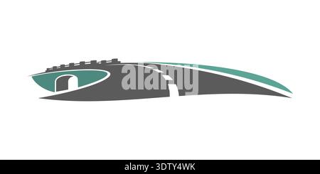 Highway path bridge graphic icon or badge. Freeway bridge company symbol, logistics business pathway isolated vector sign. Road construction industry emblem or highway road icon Stock Vector