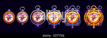 Sea compass game rank badge, wind rose award and progress medal, vector UI icons set. Cartoon vintage nautical compasses game level rank badges and winner awards with gold arrows, chains and anchors Stock Vector