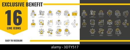 Exclusive benefit loyalty and coupon icons, gift and reward, prize and VIP offer pictograms. Vector line special benefits icons set of bonus star, money voucher, loyalty card, premium member discount Stock Vector