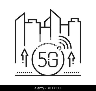 5G wireless city network tech line icon or sign. Wireless communication linear sign, fast speed network thin line vector icon. 5G transmission symbol or pictogram with digital city skyscrapers Stock Vector