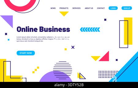 Business landing page template with geometric memphis pattern vector elements. Abstract modern shapes motif web banner background. Minimal memphis ornament landing web page with circle, squares, lines Stock Vector