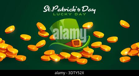 Happy St Patrick's day greeting with leprechaun hat and golden coins. Saint Patrick party vector banner or flyer. Ireland folk holiday greeting card with top hat, gold and handwritten typography Stock Vector