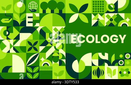 Ecology poster with green geometric nature Bauhaus pattern. Nature saving geometric Bauhaus vector banner, planet Earth pollution shapes flyer. Environment day forms card or poster Stock Vector