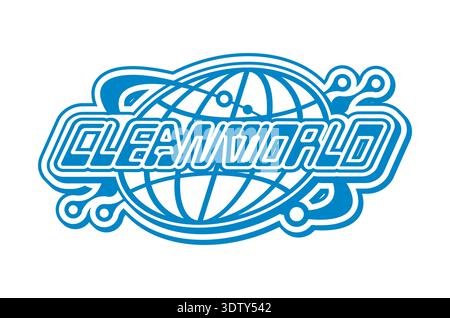 Clean world blue globe vintage Y2K icon or emblem. Earth sphere mesh 70s vector sign, globe wireframe Y2K emblem. Network globus icon with futuristic typography text, computer motherboard traces Stock Vector