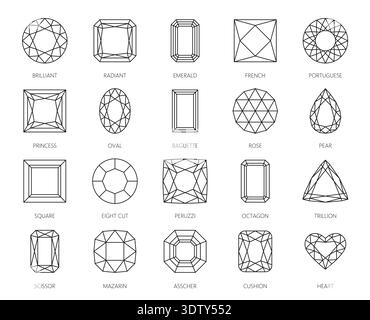 Diamond cut shapes, gemstone and jewelry luxury brilliant line icons. Vector outline gem stone diagrams of diamond cuts with heart, emerald and brilliant, square, oval, marquise and princess shapes Stock Vector