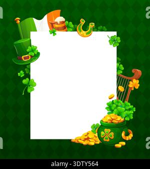 Happy St Patrick's day holiday greeting card frame. March party vector greeting card, Saint Patrick holiday invitation or banner border with leprechaun hat, Ireland flag and horseshoe, pot with gold Stock Vector