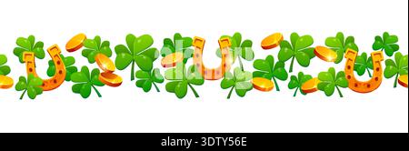 Happy St Patrick's day border frame with lucky horseshoe, shamrock clover leaves and golden coins. Ireland holiday vector frame border. Saint Patrick separator line with horseshoe, clovers and coins Stock Vector