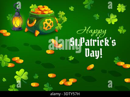 Leprechaun footprints on happy St Patrick's day greeting card. Ireland festival vector flyer, holiday banner. Saint Patrick party poster with leprechaun pot full of golden coins, lantern and clovers Stock Vector