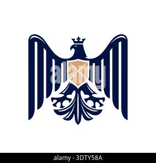 Royal eagle bird with crown, heraldic emblem. Falcon antique coat of arms vector icon, eagle bird ancient heraldry sign. Hawk vintage crest emblem or symbol with two crossed swords on shield Stock Vector