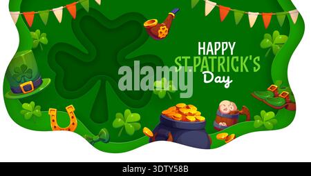 Paper cut happy St Patrick's day greeting card. Saint Patrick celebration papercut vector banner, Irish holiday flyer with shamrock clovers silhouette, leprechaun hat and shoes, pot of golden coins Stock Vector