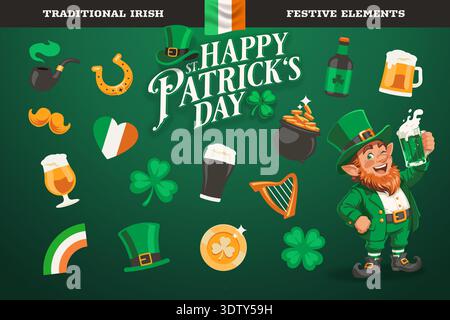Set of traditional St. Patrick's Day symbols and flat graphic style elements for holiday celebration design projects. Vector illustrations collection. Stock Vector