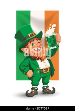 Cute and cheerful leprechaun character holding green beer mug celebrating St. Patrick’s Day, Irish national flag on background, festive vector illustration. Stock Vector