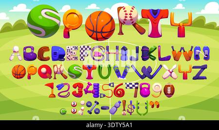 Cartoon sport font, athletic typeface letters and numbers vector typography. Sport equipment font or gym type alphabet set with english abc letters and numbers of balls, bats, rackets and dumbbells Stock Vector
