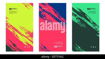 Three dynamic vertical banner designs for social media stories, mobile wallpapers or digital advertising. Expressive grunge style backgrounds with vibrant neon colors and sports vibe. Vector graphics. Stock Vector