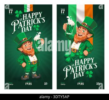 Set of two vertical social media story templates for St. Patrick's Day. Cartoon leprechaun character holding a glass of green beer on emerald background with shamrocks. Perfect for social media announcements, pub party invitations, and holiday marketing. Stock Vector