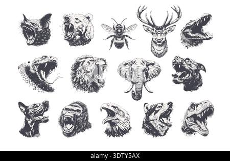 Powerful collection of highly detailed monochrome illustrations featuring various wild animal heads. High contrast grunge engraved style. Perfect for apparel prints, mascot logos, stickers, tattoo sketches, and edgy graphic design projects. Vector elements isolated on white. Stock Vector