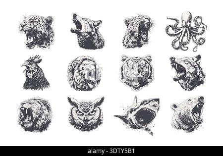 Powerful collection of highly detailed monochrome illustrations featuring various wild animal heads. High contrast grunge engraved style. Perfect for apparel prints, mascot logos, stickers, tattoo sketches, and edgy graphic design projects. Vector elements isolated on white. Stock Vector