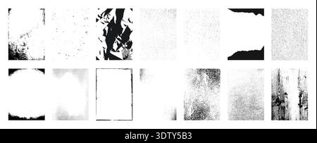 Collection of vector grunge textures. Featuring distressed, weathered, and grainy overlays. Perfect for vintage designs, urban backgrounds, and artistic layouts. Black and white design elements. Stock Vector