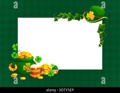 Happy St Patrick's day banner. Ireland party vector greeting card, March holiday banner or St Patrick day frame with leprechaun hat, cauldron full of golden coins, beer tankard and cupcake dessert Stock Vector