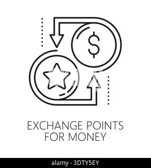 Exchange points for money exclusive benefit thin line icon or symbol. Customer bonus line vector icon, exclusive benefit gift pictogram. Loyalty program prize sign with bonus points star, dollar sign Stock Vector
