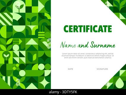 Ecology business certificate with geometric Bauhaus pattern. Environment sustainability vector diploma with Bauhaus green shapes, ecology saving award document. Nature protection official letter Stock Vector