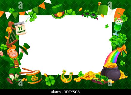 Happy St Patrick's day Irish holiday greeting card frame. March celebration vector invitation, Saint Patrick party greeting card or banner border with happy leprechaun, clovers and pot of gold coins Stock Vector
