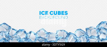 Crystal ice block cubes frame background. Vector realistic transparent blue frozen water cubes frame border line. 3d frosty ice blocks pile background with clear icy texture and glossy facets Stock Vector