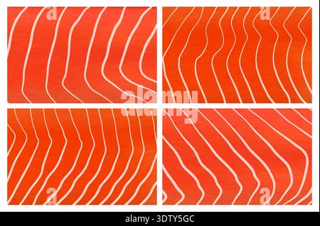 Realistic salmon fish meat texture backgrounds, vector food, japanese sushi and seafood. Red meat of fresh salmon steak, tuna or trout fillet abstract backgrounds with line pattern of raw fish flesh Stock Vector