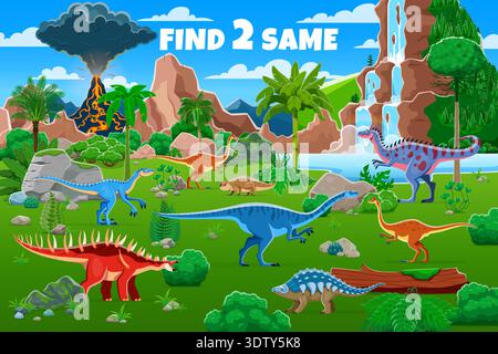 Find two same prehistoric dinosaur characters, kids game worksheet. Vector puzzle quiz of cartoon dino animals at jungle landscape background. Search identical dinosaurs kids riddle game worksheet Stock Vector