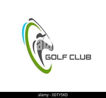 Golf club tournament or competition graphic icon. Golf club graphic vector symbol, sport tournament icon. Game league sign or emblem with golder swinging club, blue and green ring Stock Vector