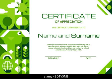 Ecology certificate of appreciation with geometric Bauhaus pattern. Ecology save vector award certificate, nature protection Bauhaus abstract green shapes diploma. Planet Earth saving award document Stock Vector