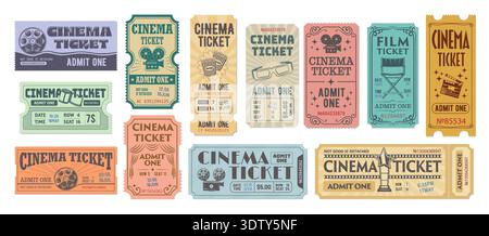 Old movie and cinema tickets set. Vector vintage movie theater raffle tickets with stubs, old paper coupons and vouchers. Cinema festival event admission cards with film reels, 3d glasses and popcorn Stock Vector