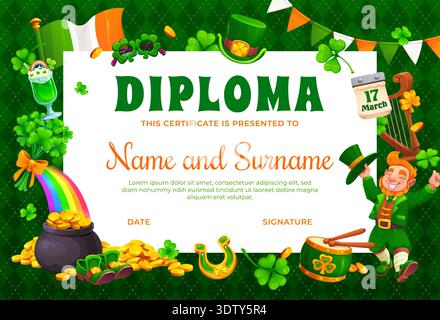 Happy St Patrick's day diploma certificate template. Irish celebration vector diploma, Saint Patrick holiday certificate with funny leprechaun in hat, Ireland flag, shamrock clovers and gold in pot Stock Vector