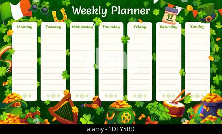 Weekly planner schedule with St Patrick's day characters. Daily schedule, education timetable or kids vector planner with St Patrick's leprechaun hat, pot of gold, clovers, music instruments and flag Stock Vector