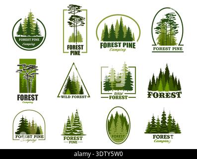 Pine tree silhouette icons, forest park and outdoor camp symbols. Vector evergreen woods of pine, fir, cedar or spruce, cypress or hemlock in minimalist line frames. Coniferous forest green icons set Stock Vector