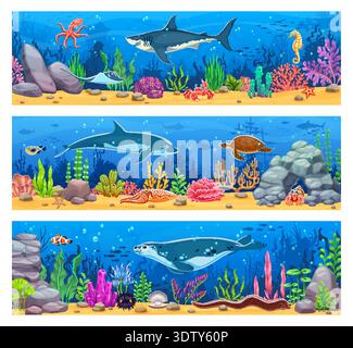 Underwater landscape game background banners with sea animals, seaweed and corals. Vector underwater world scene with ocean sea sand bottom landscape, cartoon fish school, shark, dolphin and crab Stock Vector