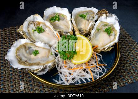 A platter of fresh oysters served on shredded daikon with assorted condiments, including seafood sauce, fried shallots, and chili paste Stock Photo
